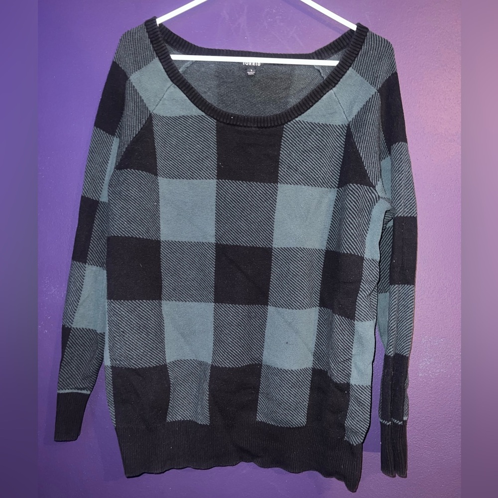 green and black plaid sweater